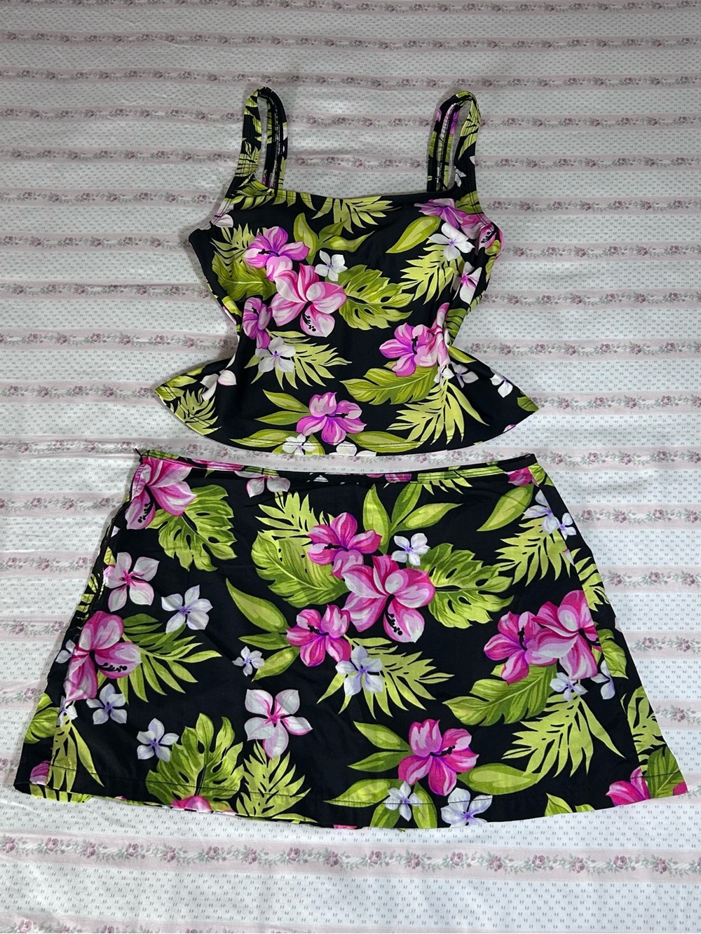Catalina Black Floral Two-Piece Tankini Set with Pink & Green Print